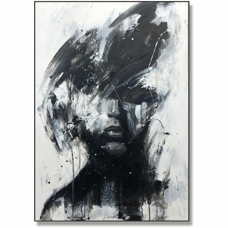 Original Woman Painting On Canvas Black and White Female Portrait Modern Artwork - 壁貼/牆壁裝飾 - 壓克力 黑色