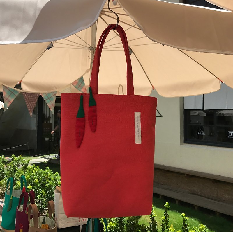 Red pepper tote bag/coral red bottom - Handbags & Totes - Cotton & Hemp Red