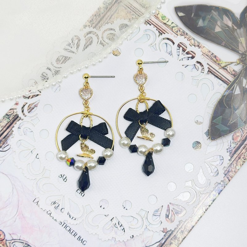 Black fairy butterfly earrings hypoallergenic - ต่างหู - วัสดุอื่นๆ สีดำ