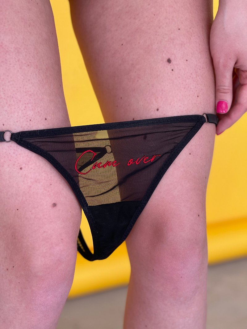 G-string panties made of mesh with embroidery Cum over, sexy transparent thong - Women's Underwear - Nylon Black