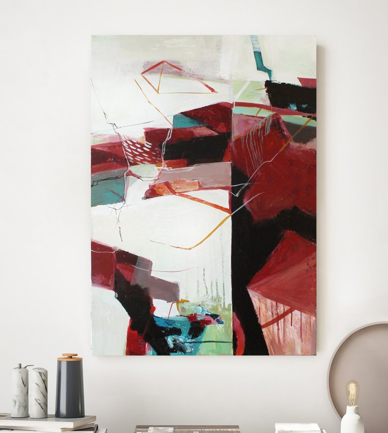 Red Abstract Painting | Red  White Abstract| Original Red Abstract | Impressive - 壁貼/牆壁裝飾 - 棉．麻 紅色