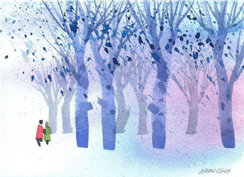Healing Forest Series b1-Watercolor hand-painted limited edition postcard/Christmas card - การ์ด/โปสการ์ด - กระดาษ สีน้ำเงิน