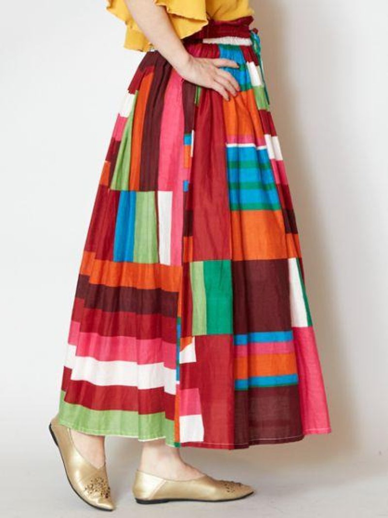 Retro color block long skirt - Skirts - Other Materials 