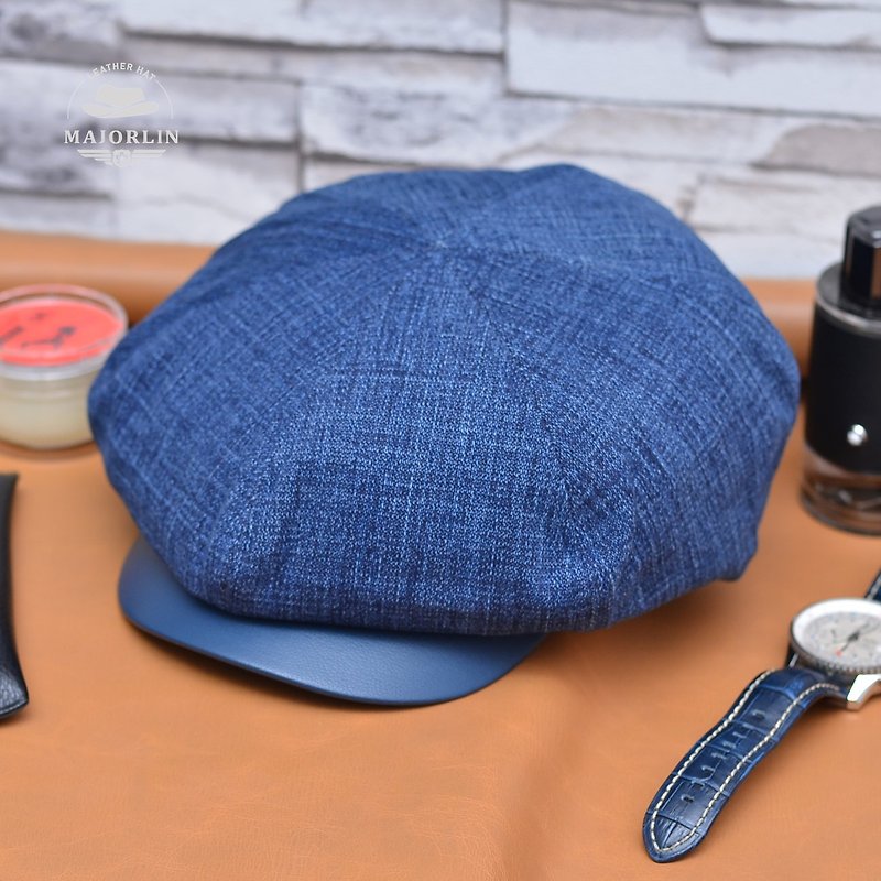 Newsboy hat MAJORLIN blue denim cloth men and women European and American star popular leather hat beret - Hats & Caps - Cotton & Hemp Blue