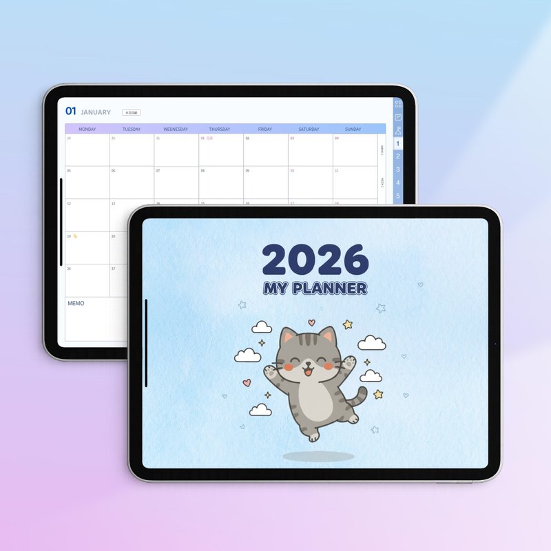 2026週計畫電子手帳|藍色溫柔系貓咪主題|GoodNotes|iPad - 電子手帳及素材 - 其他材質 