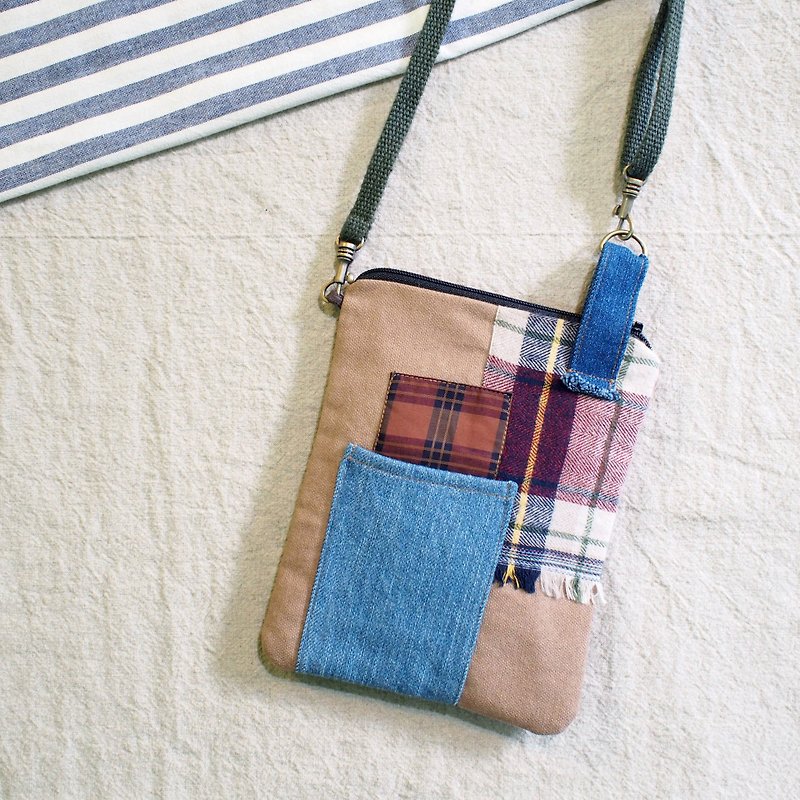 E*group square patchwork small bag khaki color matching - กระเป๋าแมสเซนเจอร์ - ผ้าฝ้าย/ผ้าลินิน สีทอง