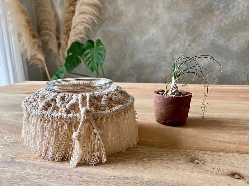 Macrame Woven Wool Flow Candle Holder/ Woven Candle Holder/Candle Jar - Lighting - Cotton & Hemp White