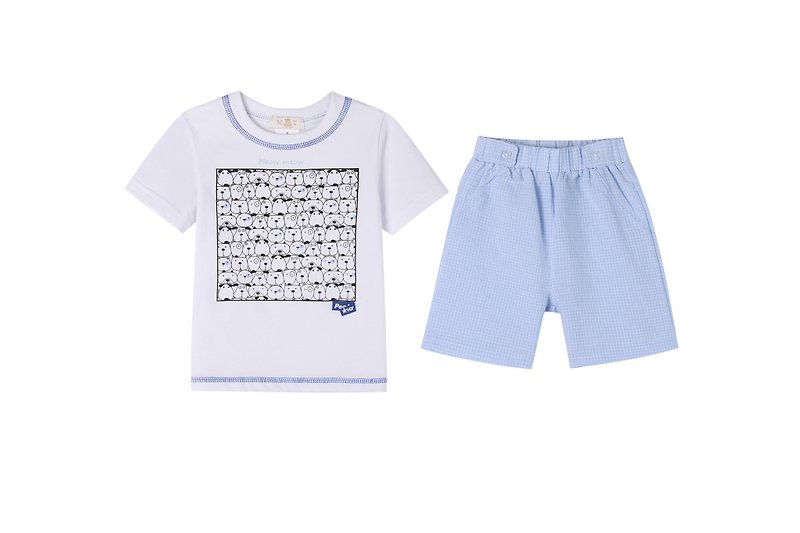 小さな男の子の夏半袖ショートパンツスーツ、シンプルなスタイル - トップス・Tシャツ - コットン・麻 ブルー
