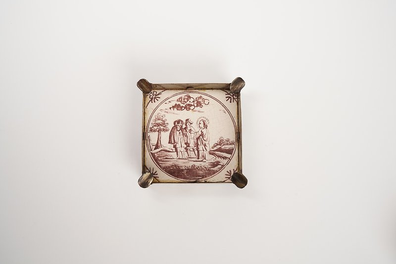 荷蘭手繪耶穌瓷磚銅框菸灰缸(AT-2)/置物盒/台夫特/delft/ - 收納箱/收納用品 - 銅/黃銅 咖啡色