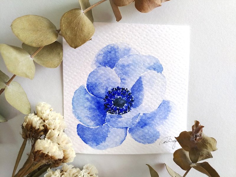 Purple Anemone Flower Watercolor Floral Painting, Handmade gift Card (Original) - การ์ด/โปสการ์ด - กระดาษ สีน้ำเงิน