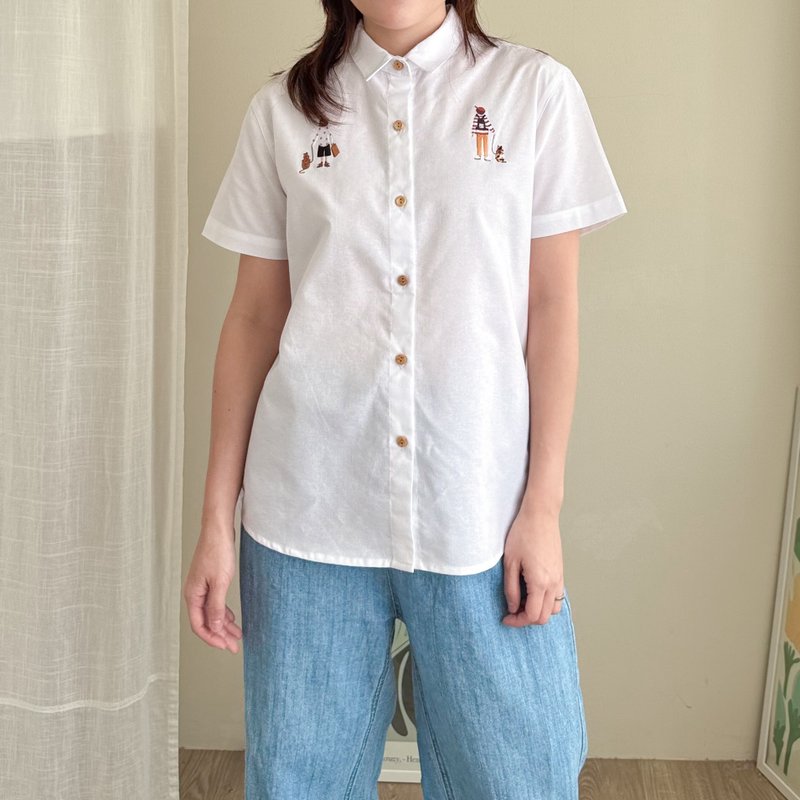 刺绣衬衫 (Embroidery Shirt) : 白色 (White color) : 与猫同行 - 女襯衫 - 棉．麻 白色