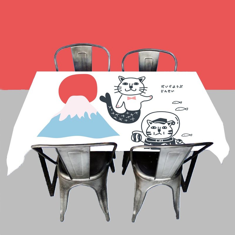 貓 富士山 桌布 露營 - 桌布/桌巾/餐墊 - 棉．麻 白色