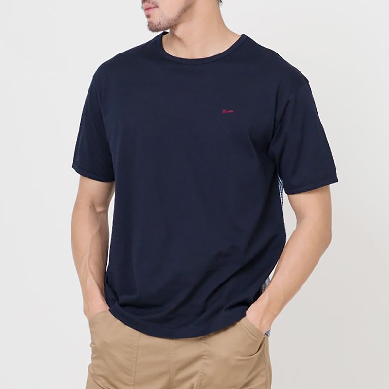 [Boyfriend Gift/Free Shipping] Double Mercerized Cotton Plaid Splicing Plain Short Sleeve Men's T-Shirt│Navy Blue - เสื้อยืดผู้ชาย - ผ้าฝ้าย/ผ้าลินิน สีดำ