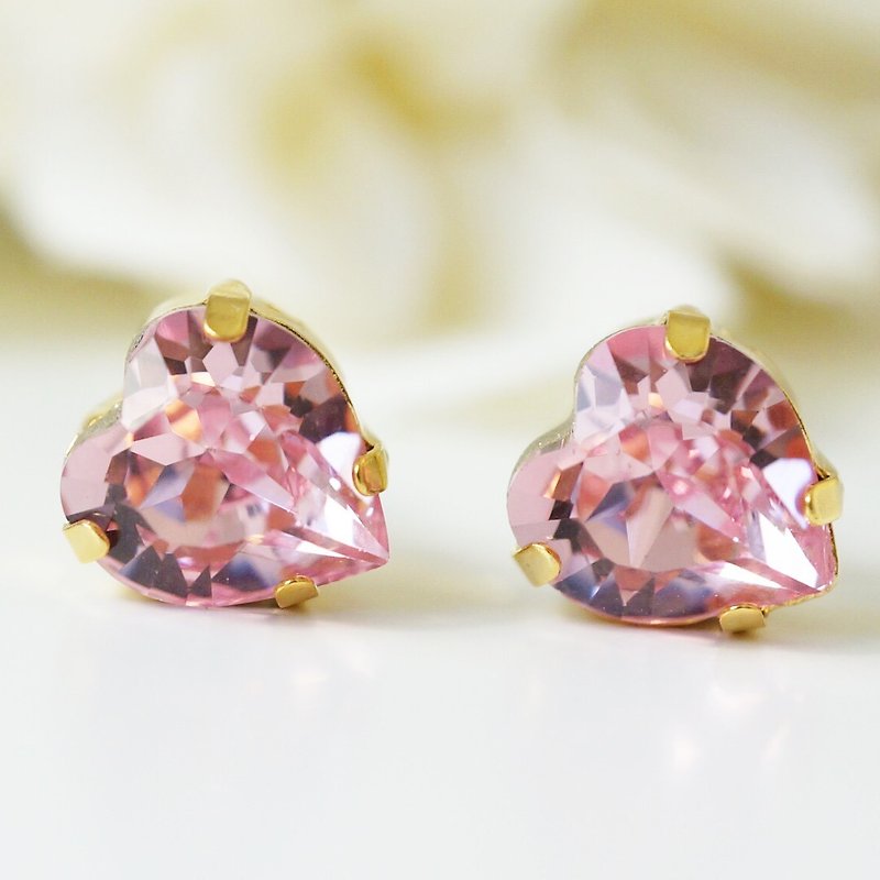 【14kgf】swarovski heart earring - 耳環/耳夾 - 其他金屬 粉紅色