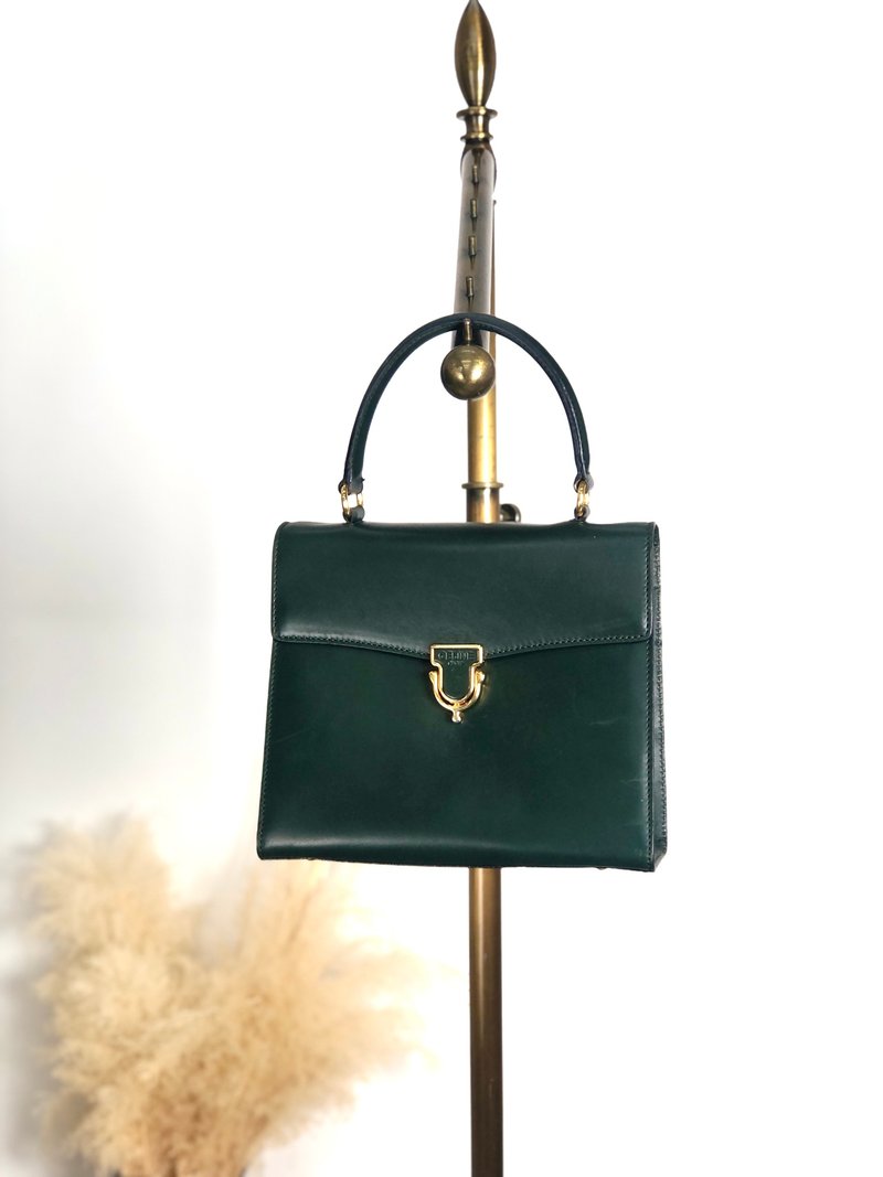 【 日本直送名牌中古包 】CELINE  સેરિન (CELINE) 手提包 深綠色 Logo 皮革 正面釦環 vintage 古董 c2gxe7 - 手提包/手提袋 - 真皮 綠色