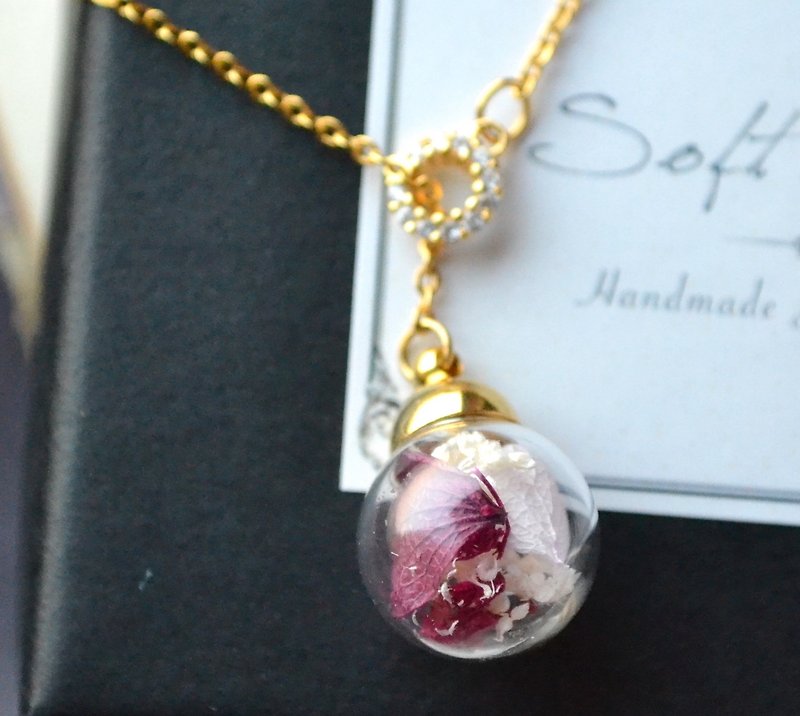 Dried flowers. Pink Violet Japanese Dried Flower Petal Glass Ball Diamond Circle Y-shaped Necklace - สร้อยคอ - พืช/ดอกไม้ สึชมพู