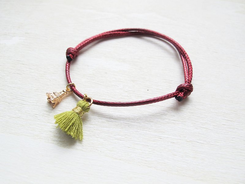Rosy Garden  Tassel with tiny charm wine red wax rope hand Strap - Bracelets - Other Materials Red
