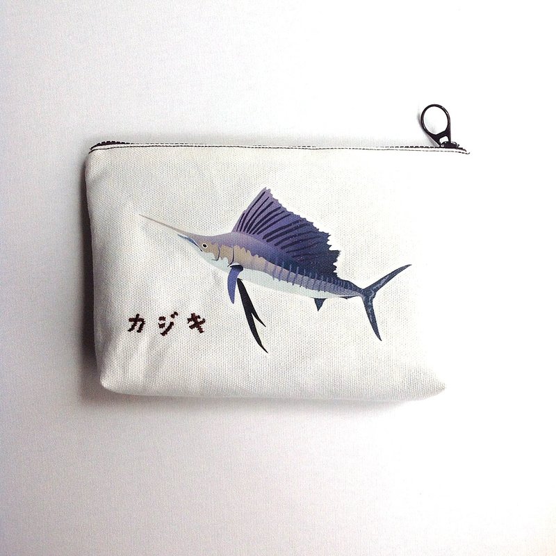 【Organic Cotton】Hand-Painted Marlin Pouches_カジキ - Toiletry Bags & Pouches - Cotton & Hemp White