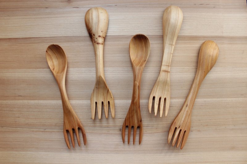 雙頭造型湯匙。湯匙x叉子 - 刀/叉/湯匙/餐具組 - 木頭 咖啡色