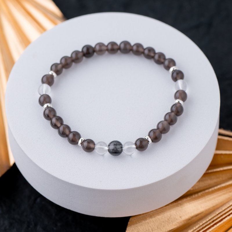 Ice series 6mm ice obsidian black Stone white crystal single layer bracelet - สร้อยข้อมือ - เครื่องประดับพลอย สีเทา