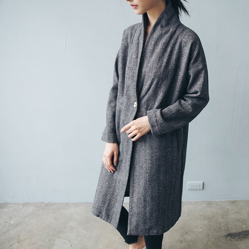 Single button long coat - Herringbone - เสื้อแจ็คเก็ต - ขนแกะ สีเทา