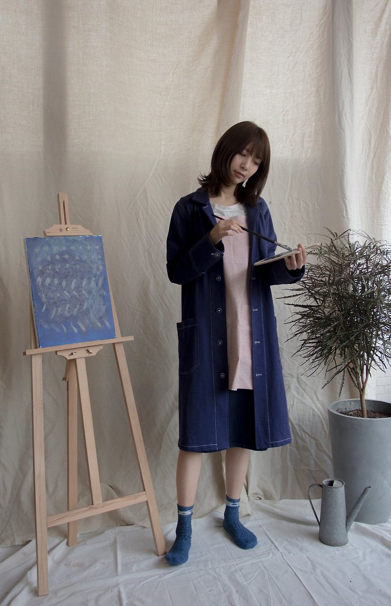 Navy blue cotton painter coat fete - เสื้อแจ็คเก็ต - ผ้าฝ้าย/ผ้าลินิน สีน้ำเงิน