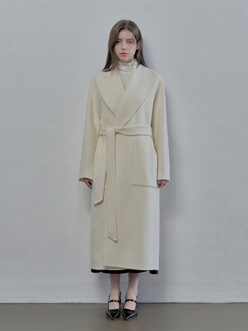 寬鬆羊毛披肩領手工長版大衣 - Cream / Dark gray - 女大衣/外套 - 其他材質 白色
