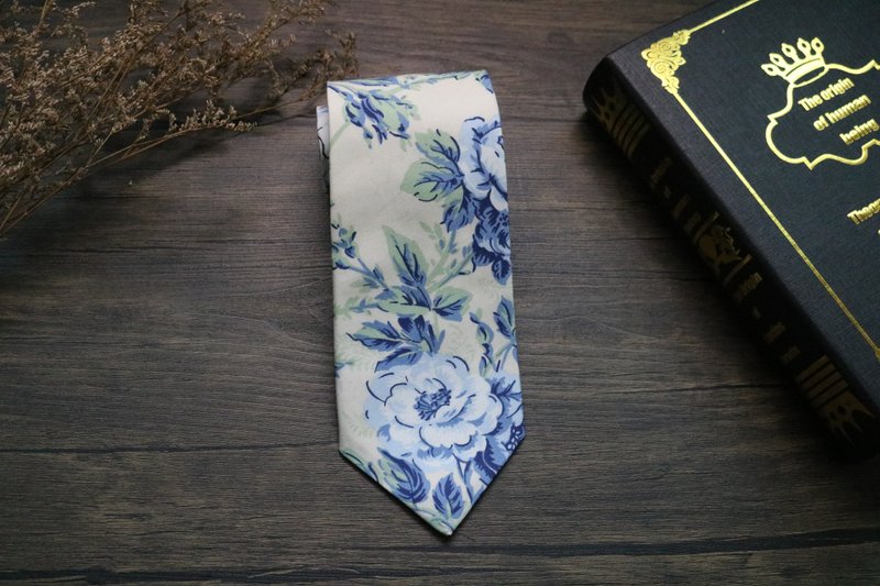 浅色牡丹花卉手绘质感领带/文艺百搭骚气necktie - 領帶/領帶夾 - 棉．麻 多色