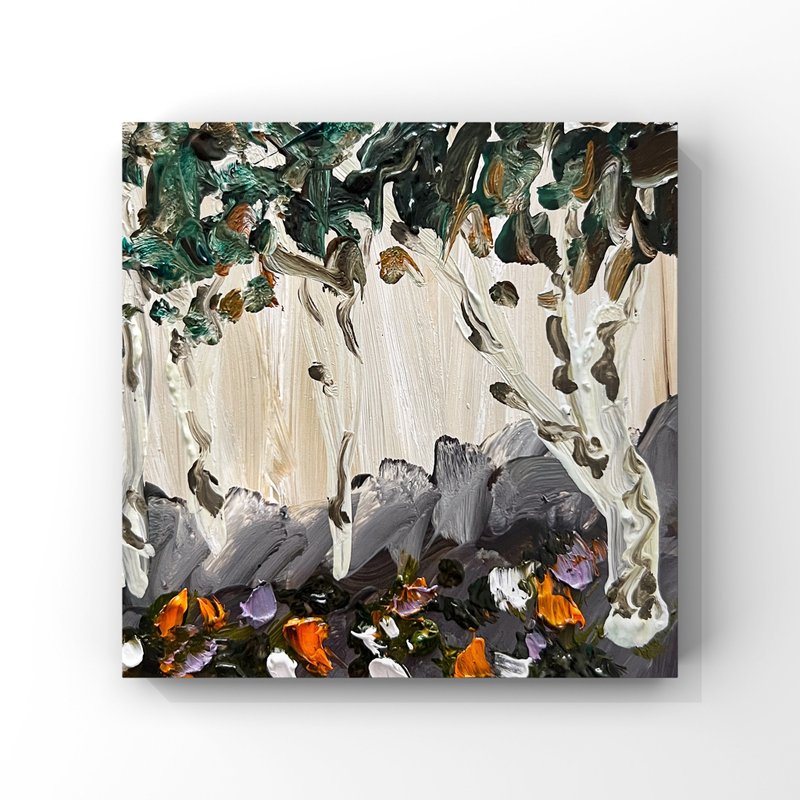 Birch art birch tree original oil painting Blooming wildflowers meadow orchard - 海報/掛畫/掛布 - 其他材質 多色