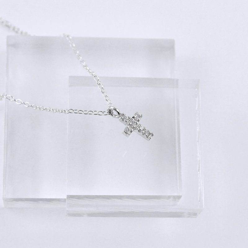 Tiny CZ Cross Necklace,Sterling Silver - Necklaces - Sterling Silver Silver