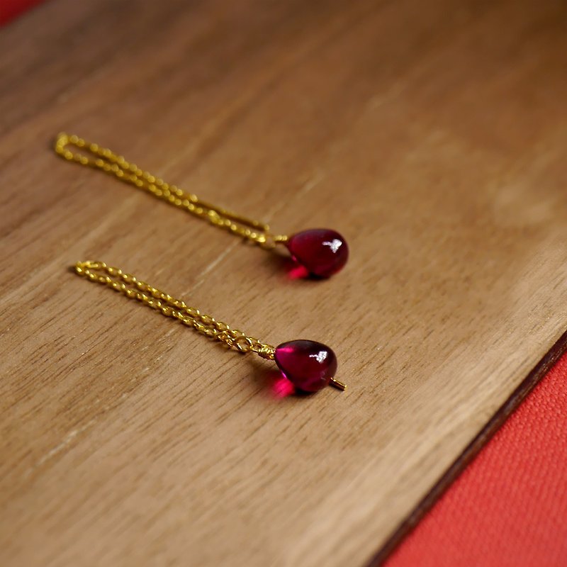 天然紅寶石水滴耳環 925純銀鍍24K金耳線 - 耳環/耳夾 - 半寶石 紅色