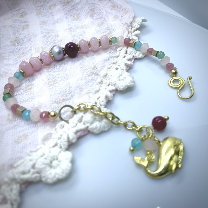 Rose Quartz Stone with Water fresh pearl bracelet. - 手鍊/手鐲 - 石頭 粉紅色