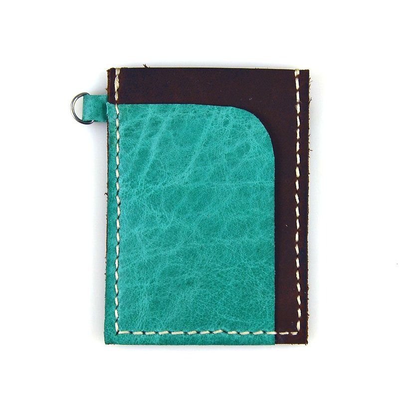[U6.JP6 Handmade Leather Goods]-Pure hand-stitched imported cowhide natural hand-made leather stitched blue-green. Universal card holder / universal bag - Card Holders & Cases - Genuine Leather 