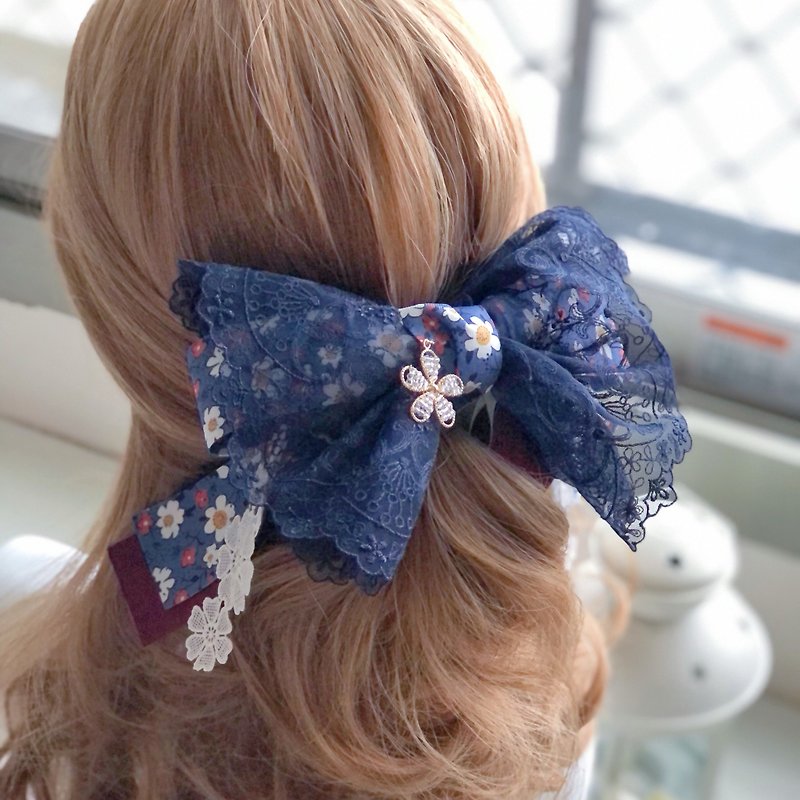 Lady Flower Lace Intersection Clip Color-blocking Banana Clip Fairy Clip-Classic Dark Blue - Hair Accessories - Other Materials Blue