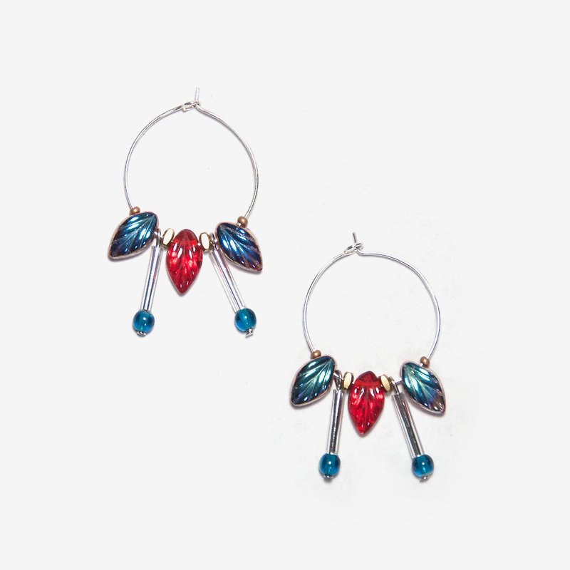 圈圈葉子耳環-紅藍 耳針/耳夾 聖誕禮物 - 耳環/耳夾 - 其他金屬 紅色