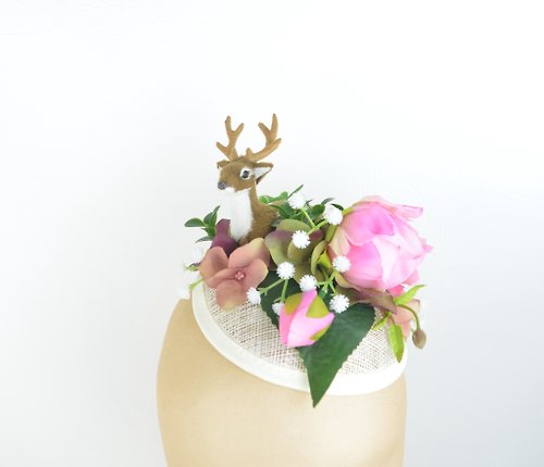 Elle Santos Headpiece Cocktail Hat Beautifu Deer, Silk Flowers & Foliage Woodland Fairycore
