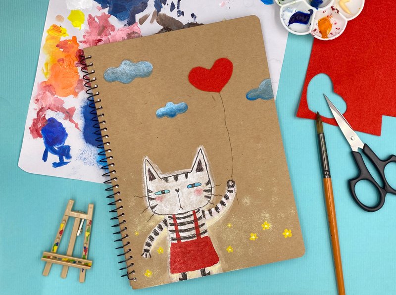 Hand-painted meow notebook/A5 blank coil/kraft paper cover - Notebooks & Journals - Paper Khaki