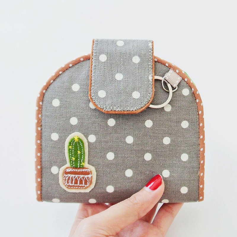 Card Holder Wallet, Keychain Wallet, Small Wallet, Change Purse - Cactus Lover C - Wallets - Cotton & Hemp Gray