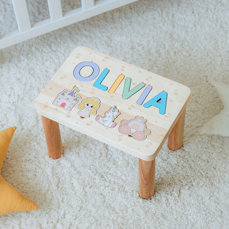 Personalized 1st Birthday Girl Gift Wooden Step Stool with Puzzle 1 2 3 Year Old - เฟอร์นิเจอร์เด็ก - ไม้ 