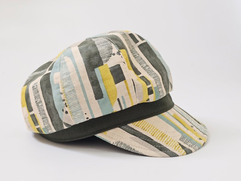 【HiGh MaLi】Newsboy hat/wide brim/rendered art striped green #gift#wide brim#Japanese style - Hats & Caps - Cotton & Hemp Multicolor