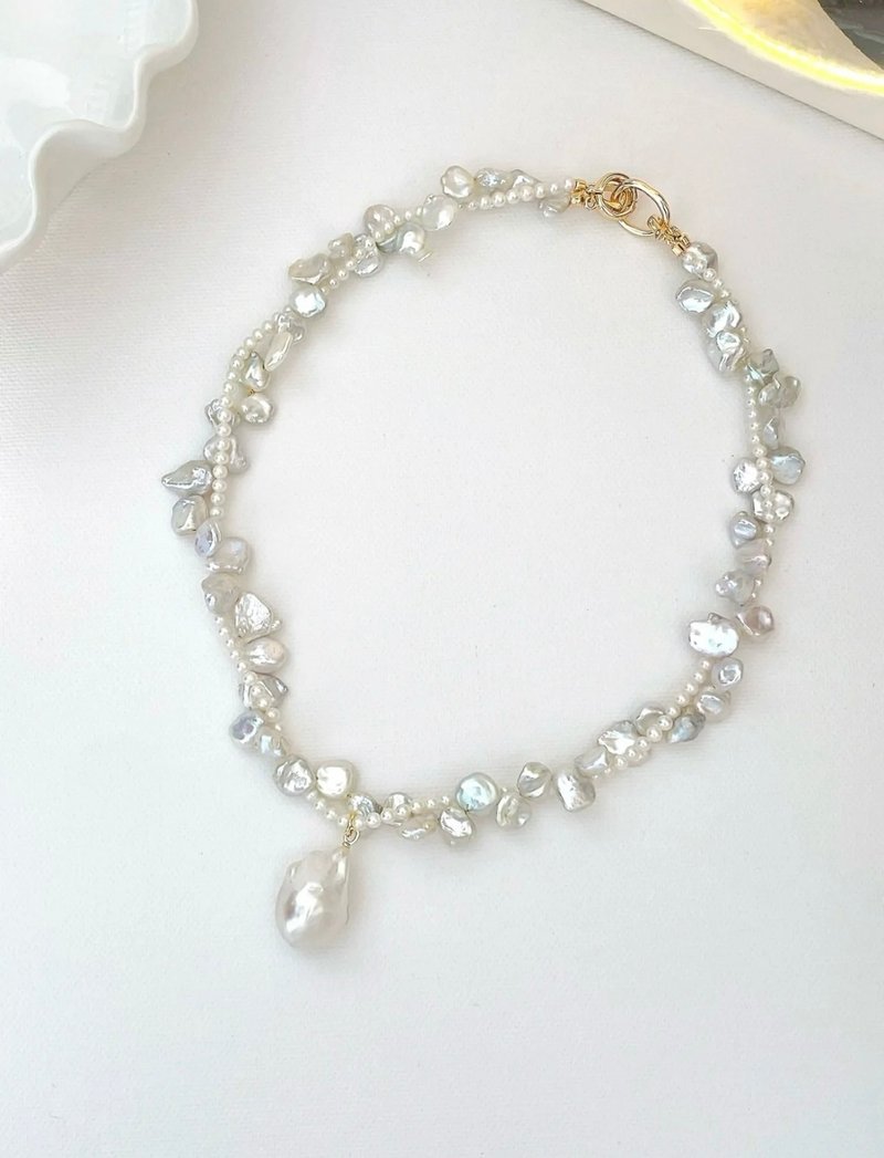 YuanPearl natural aurora baroque pendant heavy stacking petal pearl necklace detachable double wear - สร้อยคอ - ไข่มุก ขาว