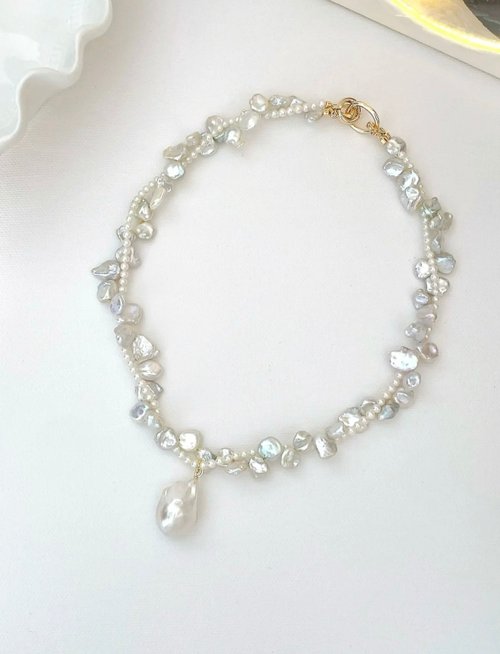 YuanPearl園珍手作 YuanPearl天然極光巴洛克吊墜重工疊戴花瓣珍珠項鍊可拆卸兩戴