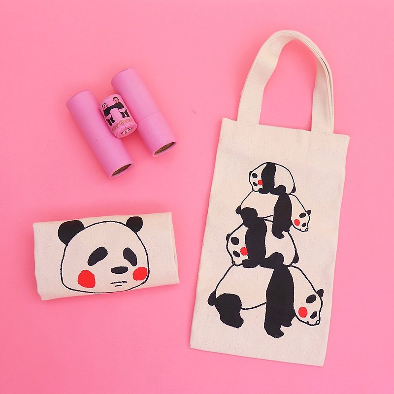 パンダ 熊猫水壺飲料袋 / 絹版手工印刷 - 飲料提袋/杯袋/杯套 - 棉．麻 白色