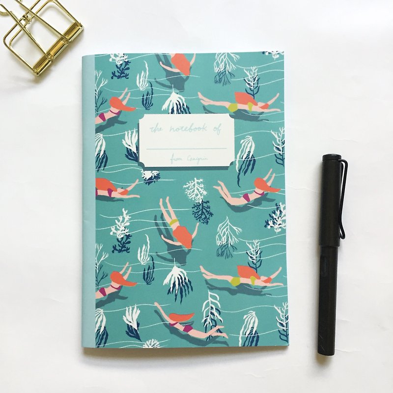 コーラルオーシャングリッドA5のページ内の少女夏の水着の女の子のノートブックを水泳 - ノート・手帳 - 紙 ブルー
