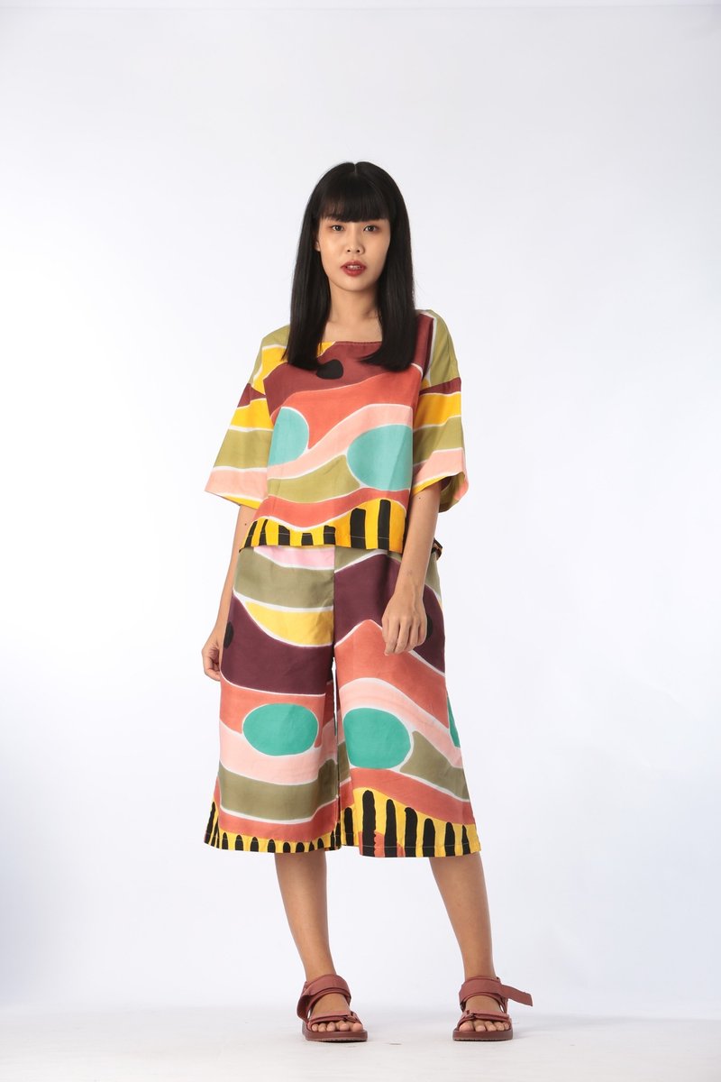 Short Pant Cotton Rayon Hand Paint Free Size For Summer Beac - 女長褲 - 棉．麻 咖啡色