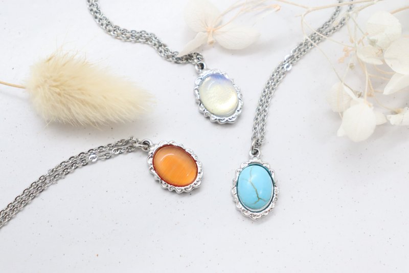Surgical Steel) Vintage Style Oval Birthstone Necklace Petite Birthstone Pendant - 項鍊 - 不鏽鋼 多色