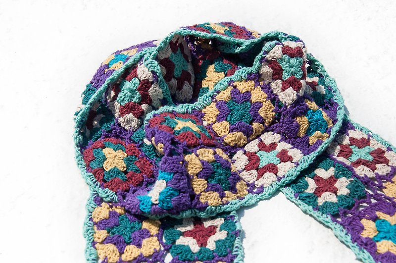 手作りのかぎ針編みのシルクスカーフ/かぎ針編みのスカーフ/手作りの花の織りスカーフ/綿の編み物-エメラルドグリーンの森の花 - マフラー・ストール - コットン・麻 多色
