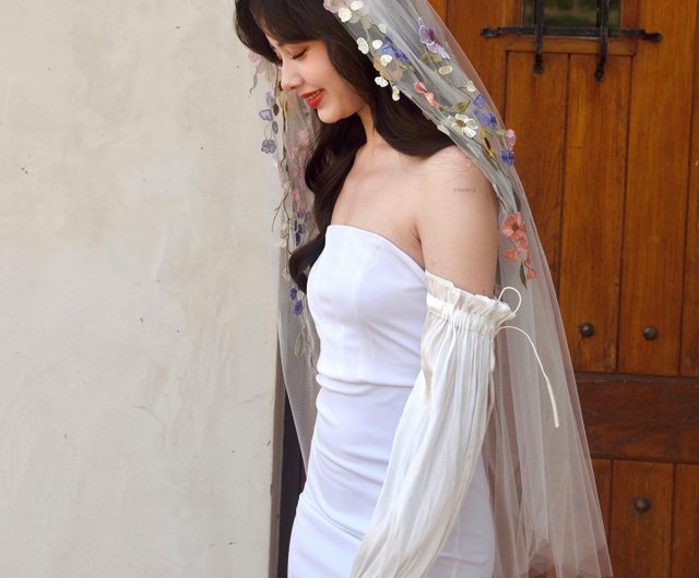 カラフルな花が刺繍されたベール - ショップ phachas-bridal カラフルな花が刺繍されたベール - ショップ phachas-bridal