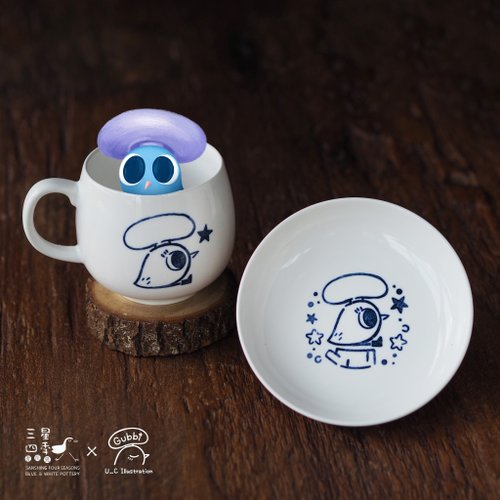 三星四季青花瓷 插畫師青花瓷系列【U C聯名款】菇比小圓碟 圓咖啡杯