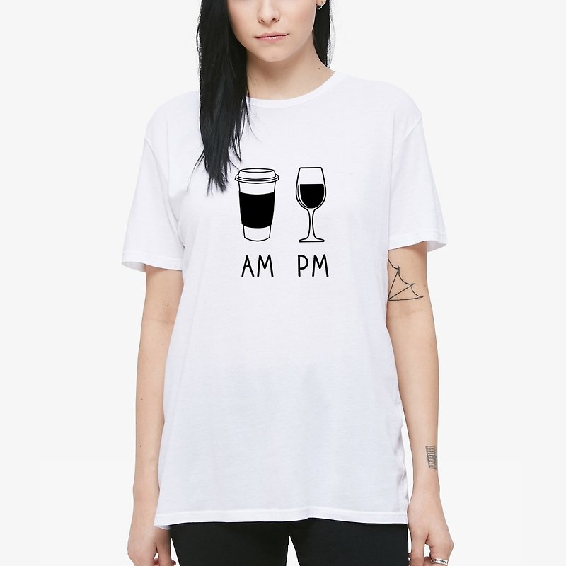 COFFEE AM WINE PM 短袖T恤 白色 咖啡 酒 禮物 設計 插畫 - 女 T 恤 - 棉．麻 白色